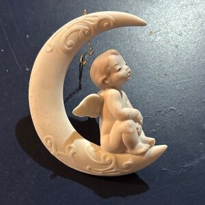 Lladro White Angel on Crescent Moon Ornament